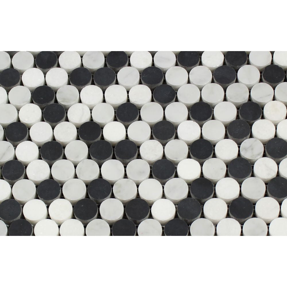 Thassos White Honed Marble Penny Round Mosaic Tile (Thassos + Carrara + Black) - Tilephile