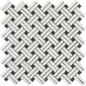 Thassos White Honed Marble Stanza Mosaic Tile w/ Black Dots - Tilephile
