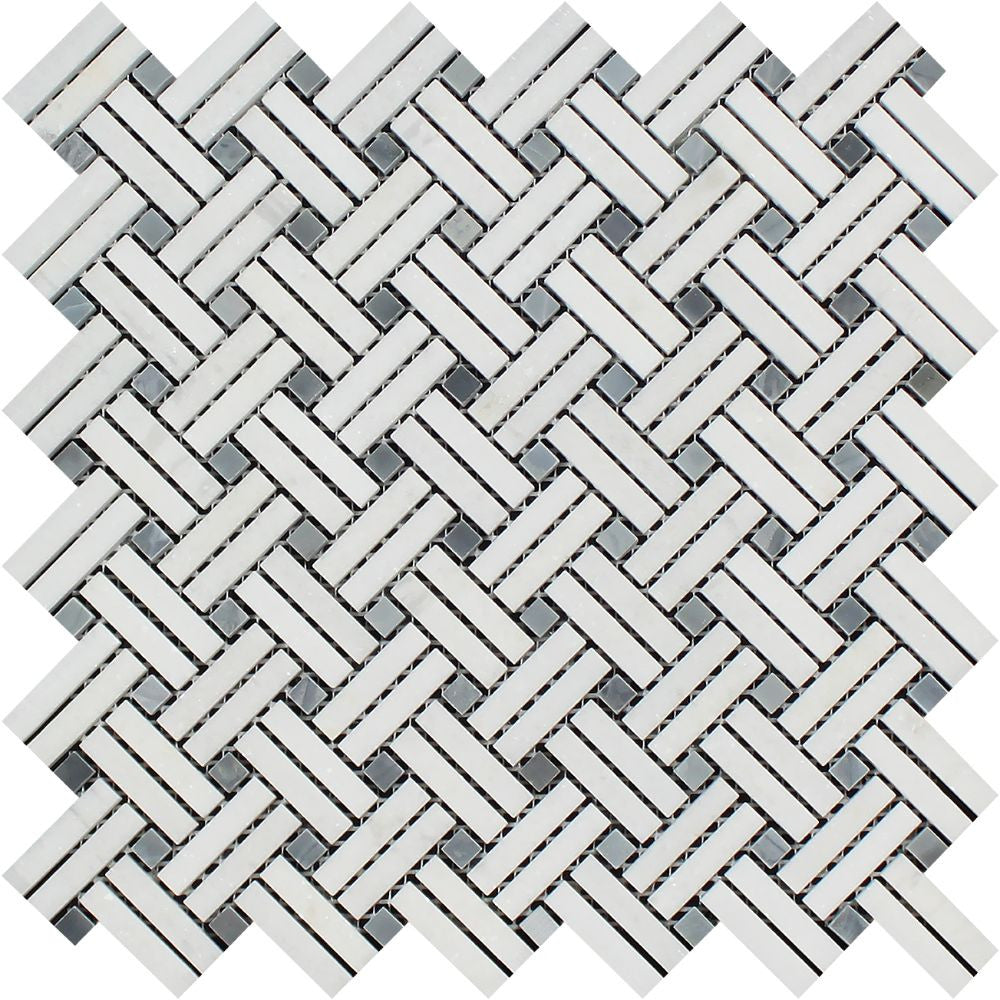 Thassos White Honed Marble Stanza Mosaic Tile w/ Blue-Gray Dots - Tilephile