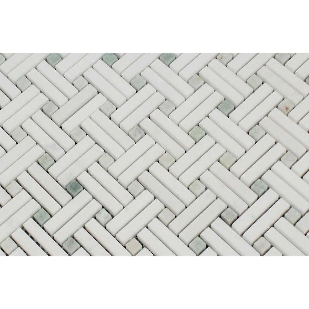 Thassos White Honed Marble Stanza Mosaic Tile w/ Ming Green Dots - Tilephile