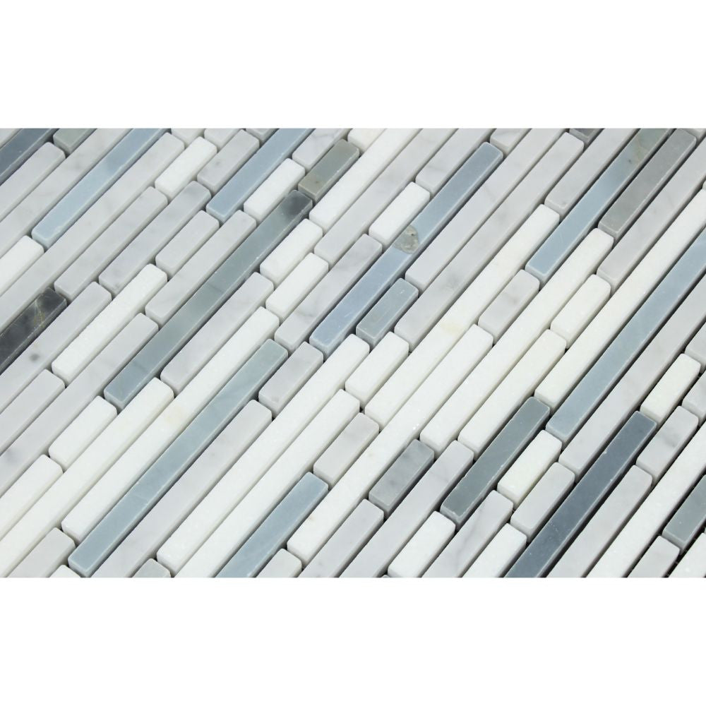 Thassos White Polished Marble Bamboo Sticks  Mosaic Tile (Thassos + Carrara + Blue-Gray) - Tilephile