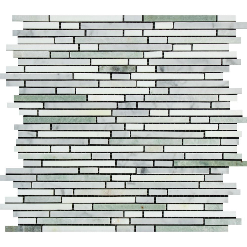 Thassos White Polished Marble Bamboo Sticks  Mosaic Tile (Thassos + Carrara + Ming Green) - Tilephile