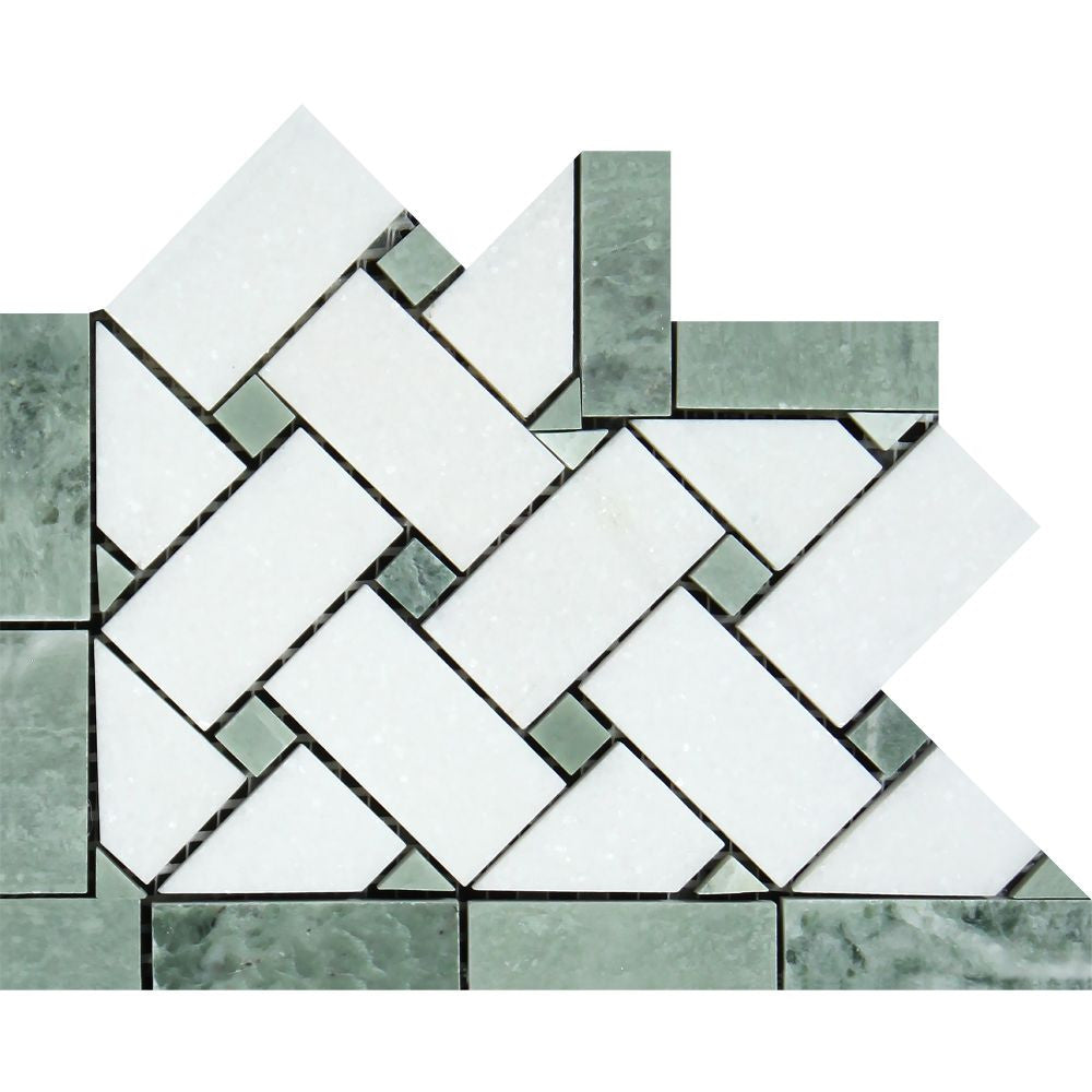 Thassos White Polished Marble Basketweave Corner w/ Ming Green Dots - Tilephile