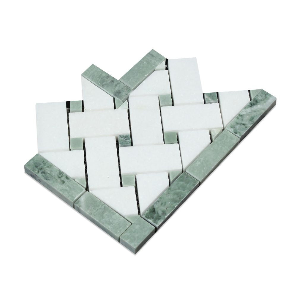 Thassos White Polished Marble Basketweave Corner w/ Ming Green Dots - Tilephile