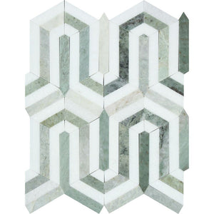Thassos White Polished Marble Berlinetta Mosaic Tile (Thassos w/ Ming Green) - Tilephile