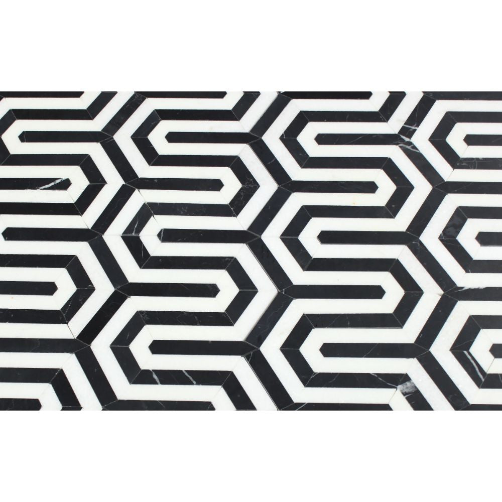 Thassos White Polished Marble Berlinetta Mosaic Tile (Thassos w/ Black) - Tilephile