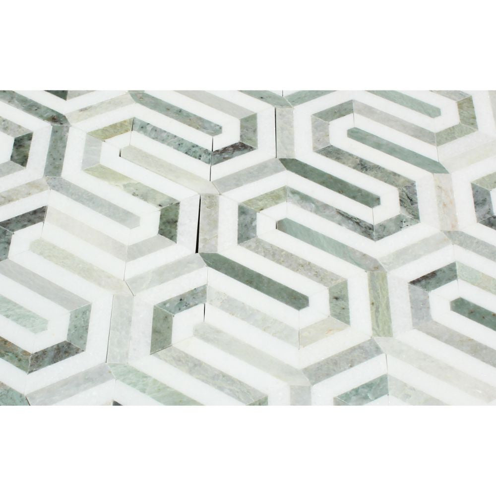 Thassos White Polished Marble Berlinetta Mosaic Tile (Thassos w/ Ming Green) - Tilephile