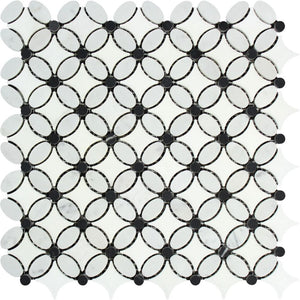 Thassos White Polished Marble Florida Flower Mosaic Tile (Carrara + Thassos (Oval) + Black (Dots)) - Tilephile