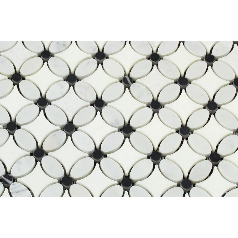 Thassos White Polished Marble Florida Flower Mosaic Tile (Carrara + Thassos (Oval) + Black (Dots)) - Tilephile