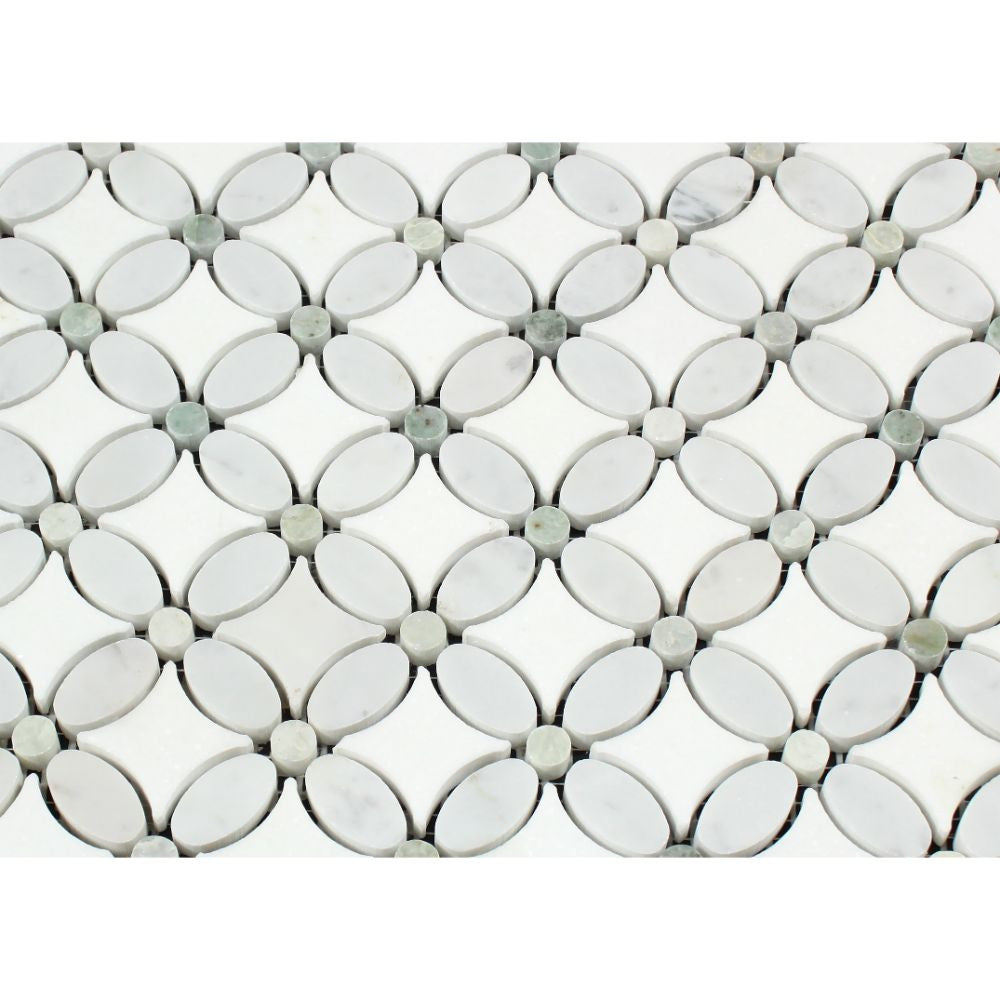 Thassos White Polished Marble Florida Flower Mosaic Tile (Carrara + Thassos (Oval) + Ming Green (Dots)) - Tilephile