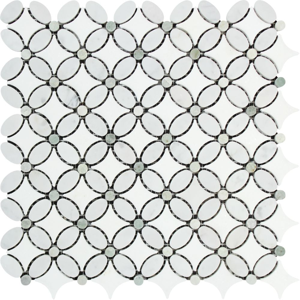 Thassos White Polished Marble Florida Flower Mosaic Tile (Carrara + Thassos (Oval) + Ming Green (Dots)) - Tilephile
