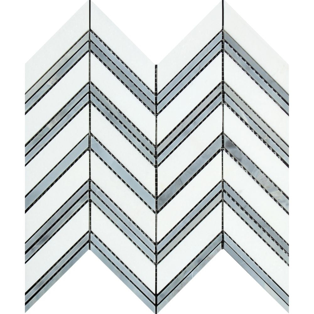 Thassos White Polished Marble Large Chevron Mosaic Tile (Thassos + Blue-Gray (Thin Strips)) Sample - Tilephile