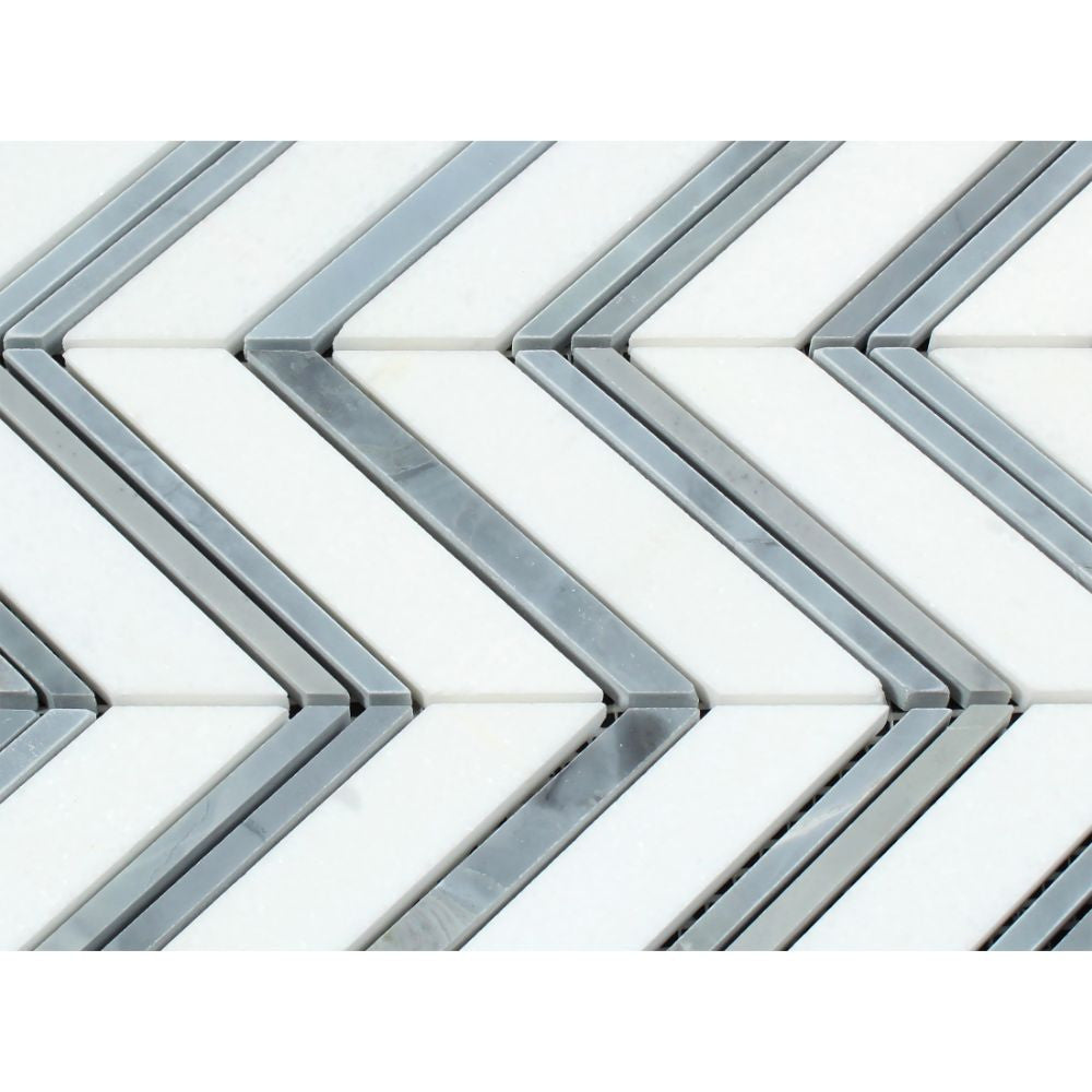 Thassos White Polished Marble Large Chevron Mosaic Tile (Thassos + Blue-Gray (Thin Strips)) - Tilephile