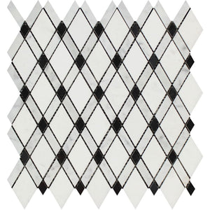 Thassos White Polished Marble Lattice Mosaic Tile (Thassos + Carrara + Black) - Tilephile