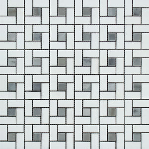 Thassos White Polished Marble Mini Pinwheel Mosaic Tile w/ Blue-Gray Dots - Tilephile
