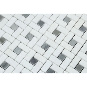Thassos White Polished Marble Mini Pinwheel Mosaic Tile w/ Blue-Gray Dots - Tilephile