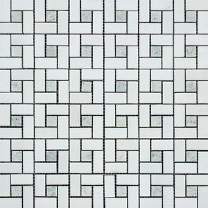 Thassos White Polished Marble Mini Pinwheel Mosaic Tile w/ Ming Green Dots - Tilephile