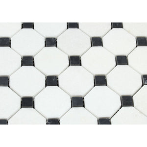 Thassos White Polished Marble Octagon Mosaic Tile w/ Black Dots - Tilephile
