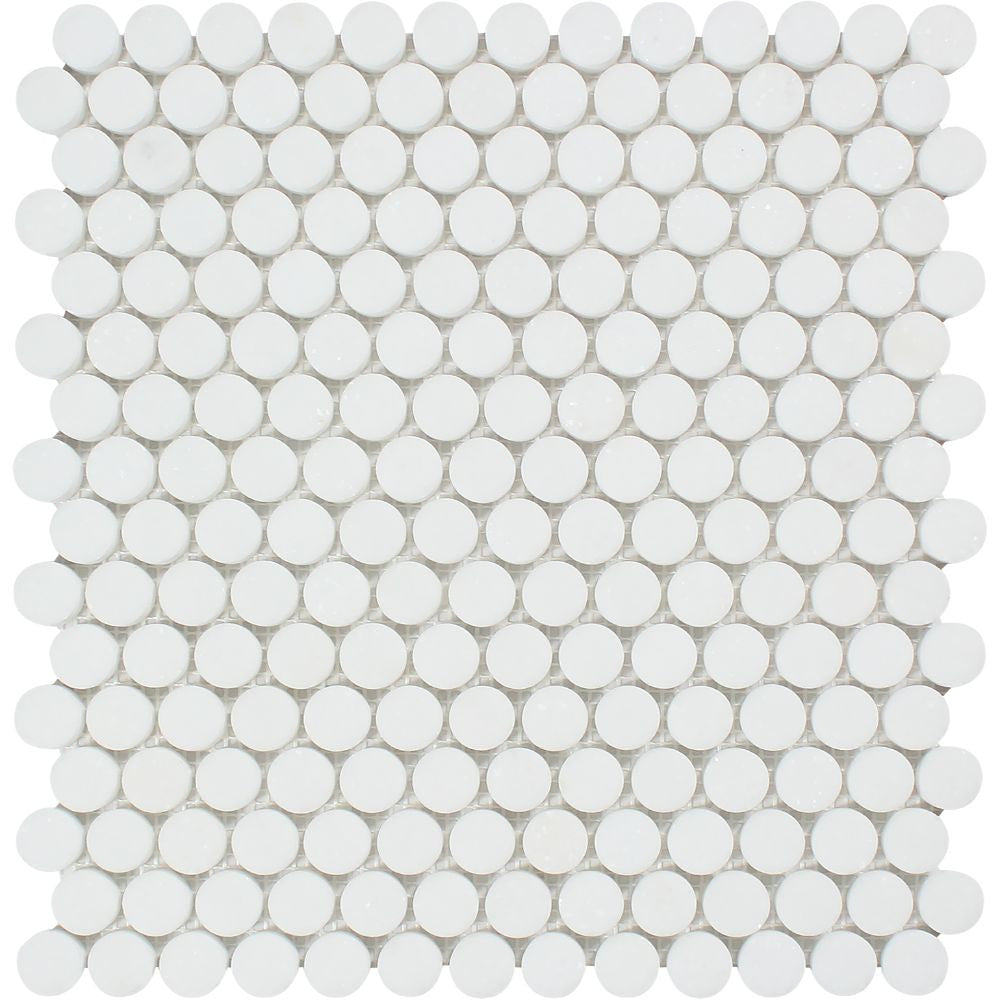 Thassos White Honed Marble Penny Round Mosaic Tile - Tilephile