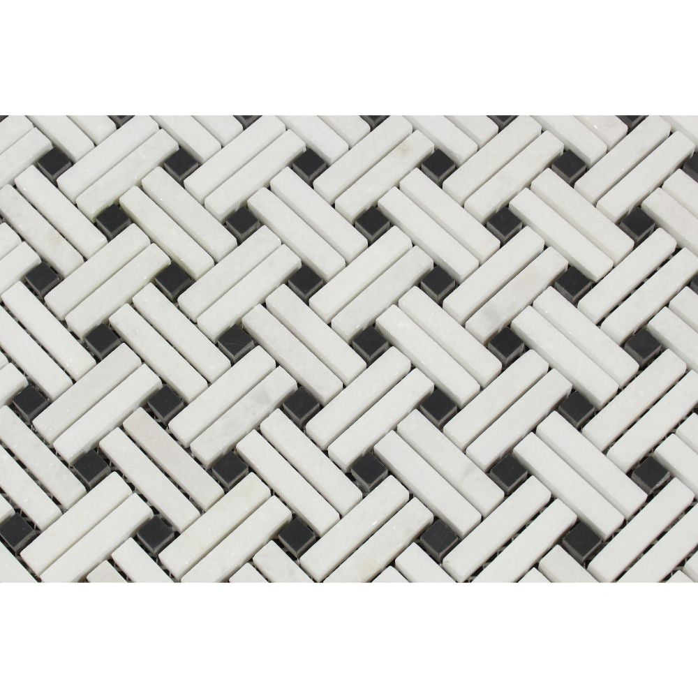 Thassos White Polished Marble Stanza Mosaic Tile w/ Black Dots - Tilephile