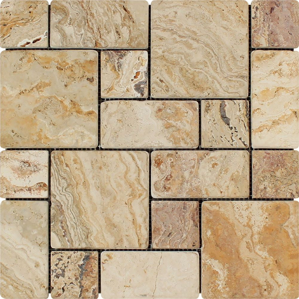 Valencia Tumbled Travertine Mini Pattern Mosaic Tile (Non-Interlocking) - Tilephile