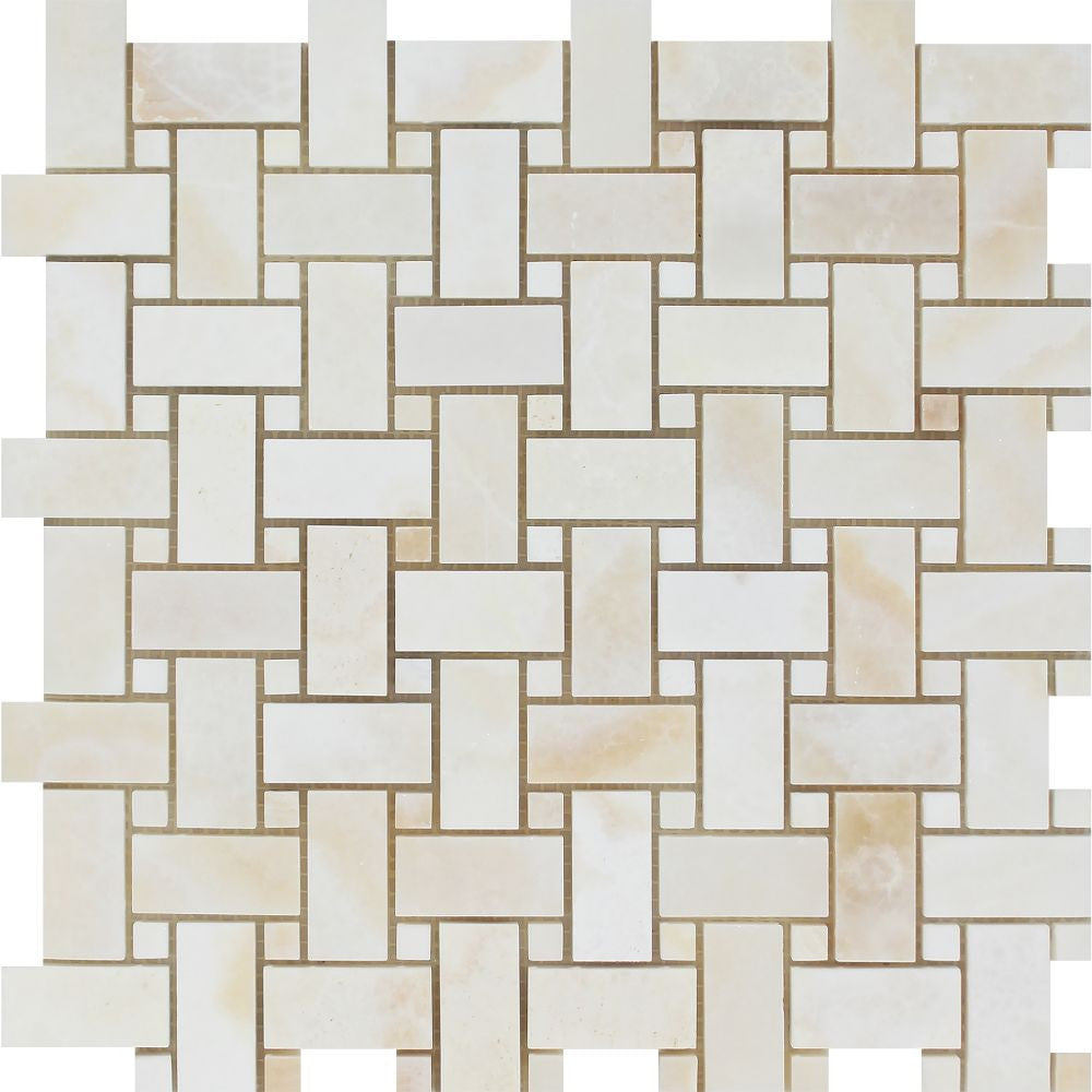 White Onyx Polished Basketweave Mosaic Tile w/ White Onyx Dots - (Cross-Cut) - Tilephile