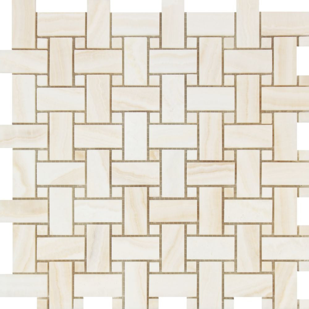 White Onyx Polished Basketweave Mosaic Tile w/ White Onyx Dots - (Vein-Cut) Sample - Tilephile