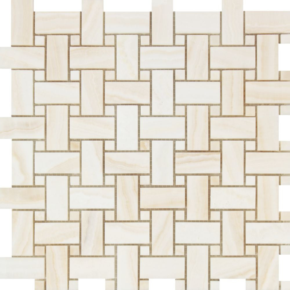 White Onyx Polished Basketweave Mosaic Tile w/ White Onyx Dots - (Vein-Cut) - Tilephile
