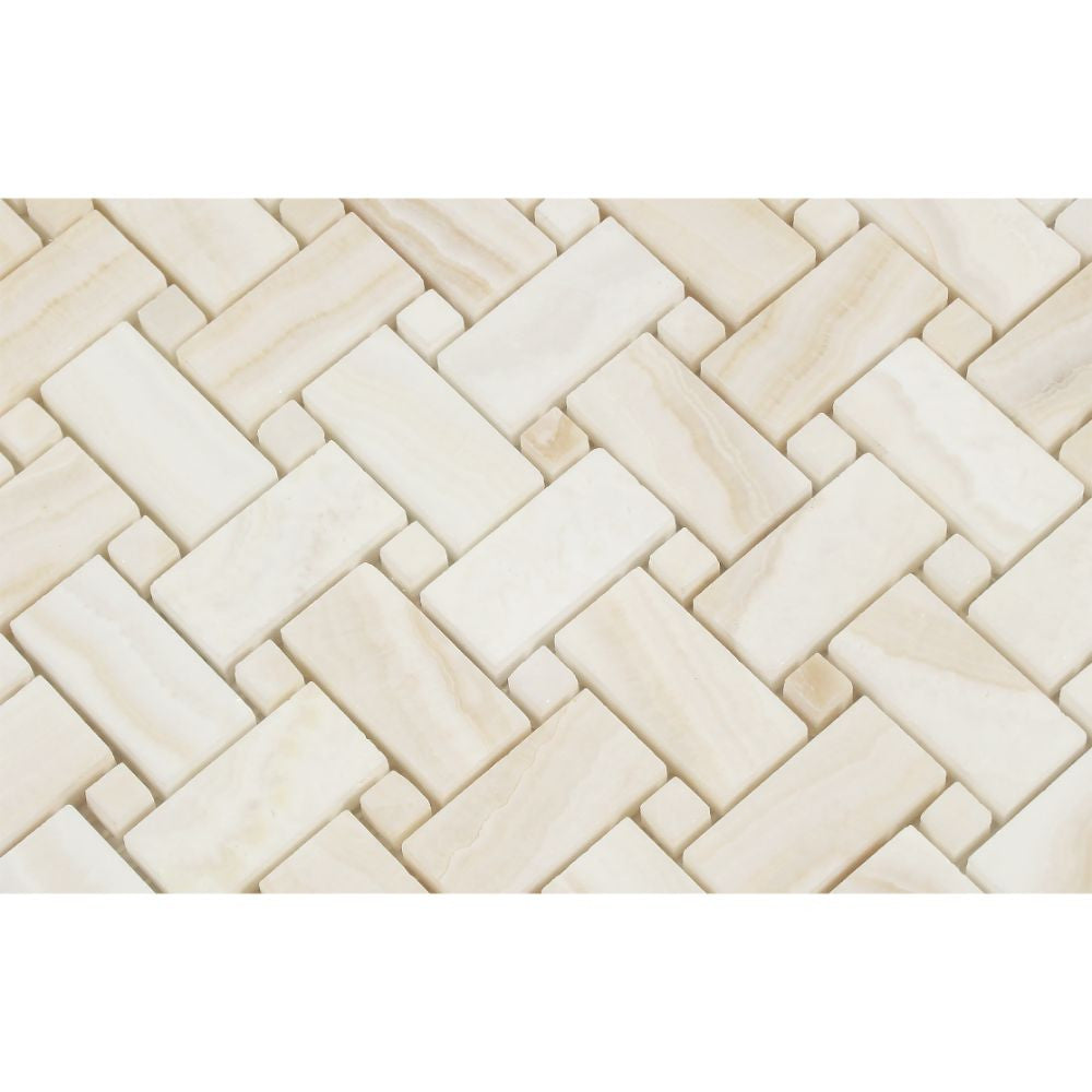 White Onyx Polished Basketweave Mosaic Tile w/ White Onyx Dots - (Vein-Cut) - Tilephile