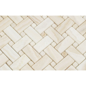 White Onyx Polished Basketweave Mosaic Tile w/ White Onyx Dots - (Vein-Cut) - Tilephile