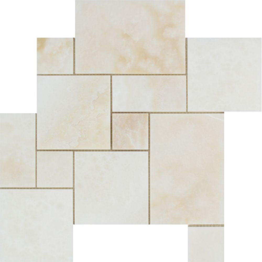 White Onyx Polished OPUS Mini Pattern Mosaic Tile - (Cross-Cut ) - Tilephile