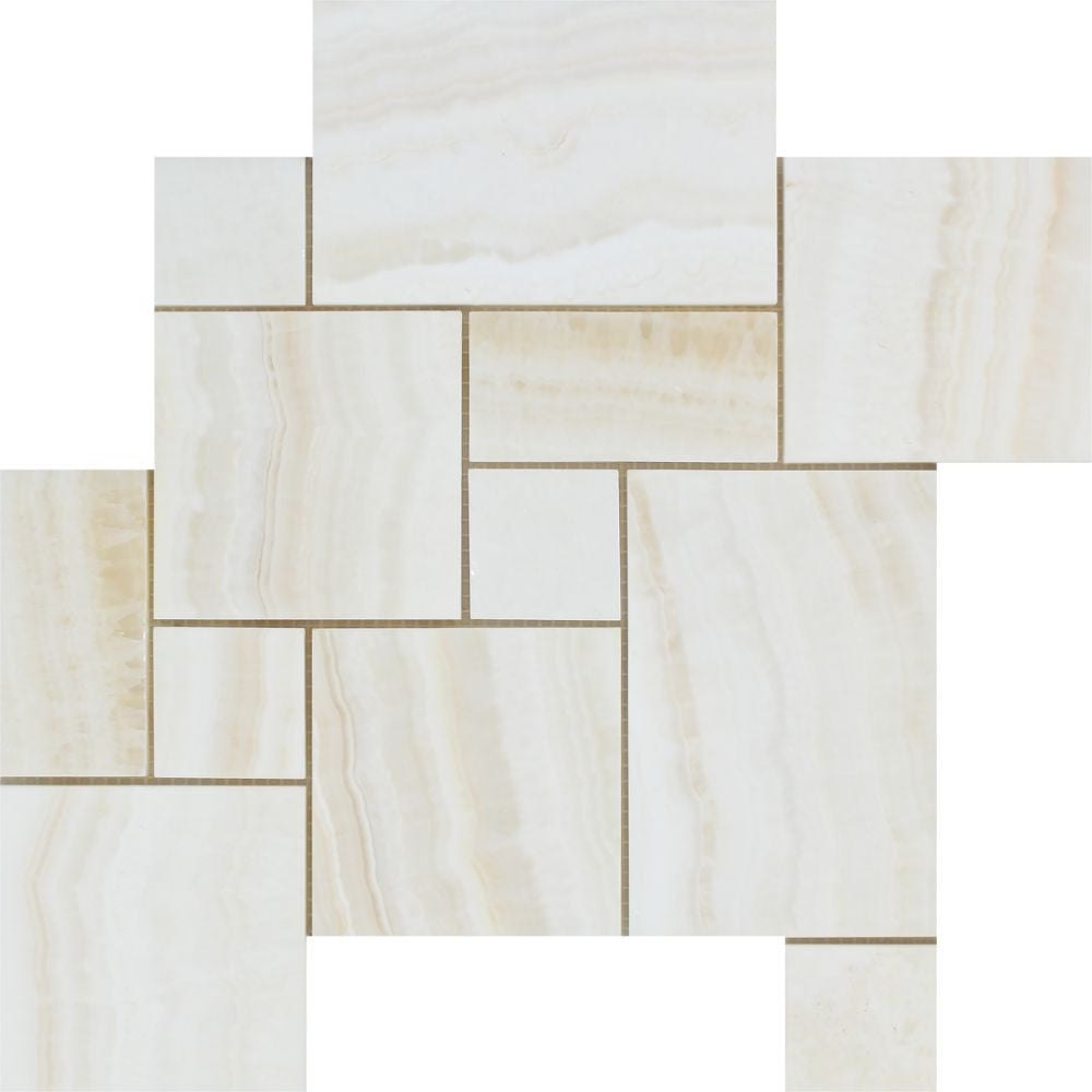 White Onyx Polished OPUS Mini Pattern Mosaic Tile - (Vein-Cut) - Tilephile