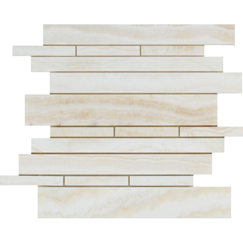 White Onyx Polished Random-Strip Mosaic Tile - (Vein-Cut) - Tilephile